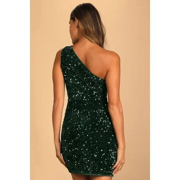 Lulus NWT Endless Luxe Dark Green Sequin Velvet One-Shoulder Mini Dress LARGE - Picture 4 of 13